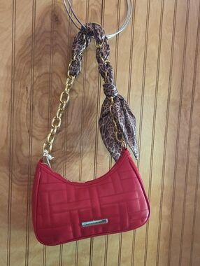 Red Quilted Shoulder Bag with Gold Chain and Leopard Scarf